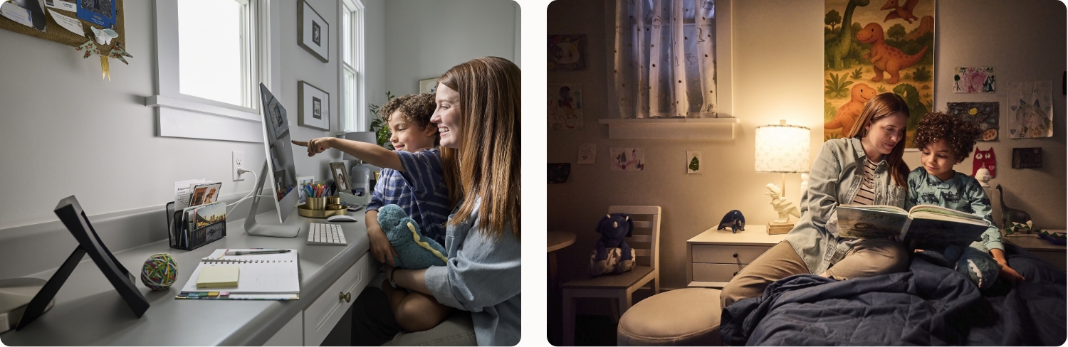 Izquierda: Una madre usa una computadora con su hijo. Derecha: Una madre le lee a su hijo a la luz de la lámpara antes de dormir.