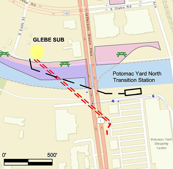 Map of Glebe project showing current overhead line route and proposed underground route