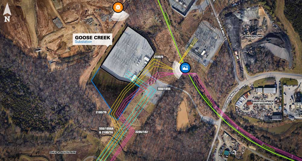 Satellite view and map of substation area, showing proposed construction
