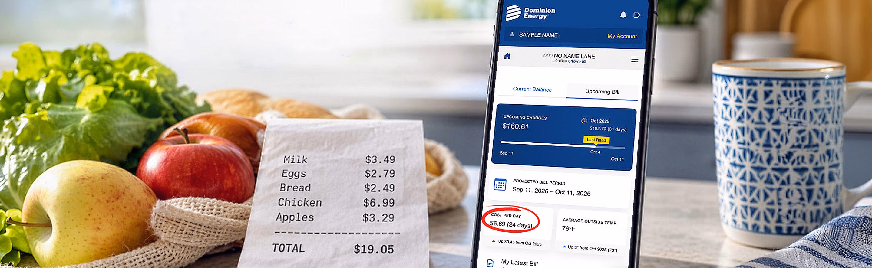Screenshot of Dominion Energy App With Cost Per Day Calculation