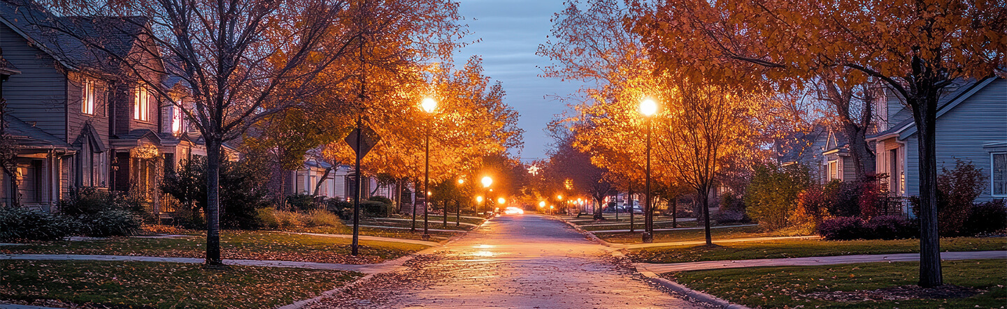 Neighborhood Street With Streetlights