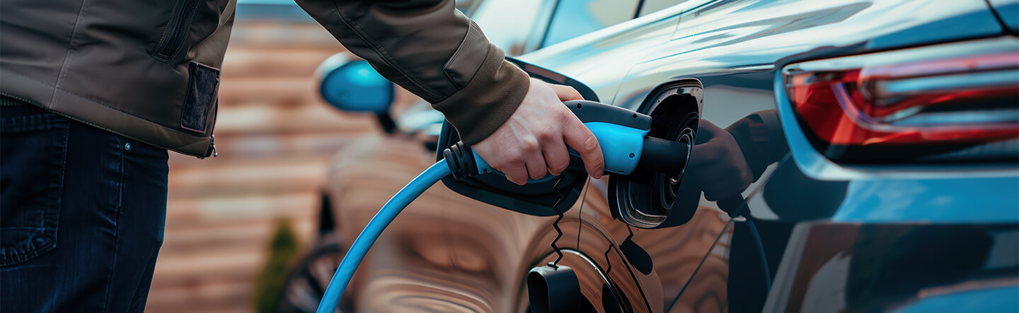 Man Charging Electric Vehicle at Home