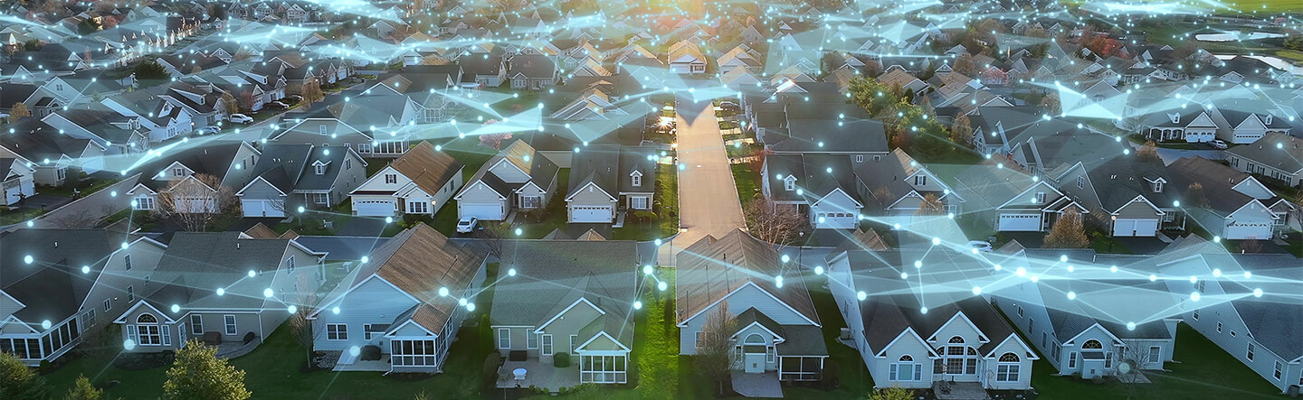 Aerial view of connected houses in neighborhood