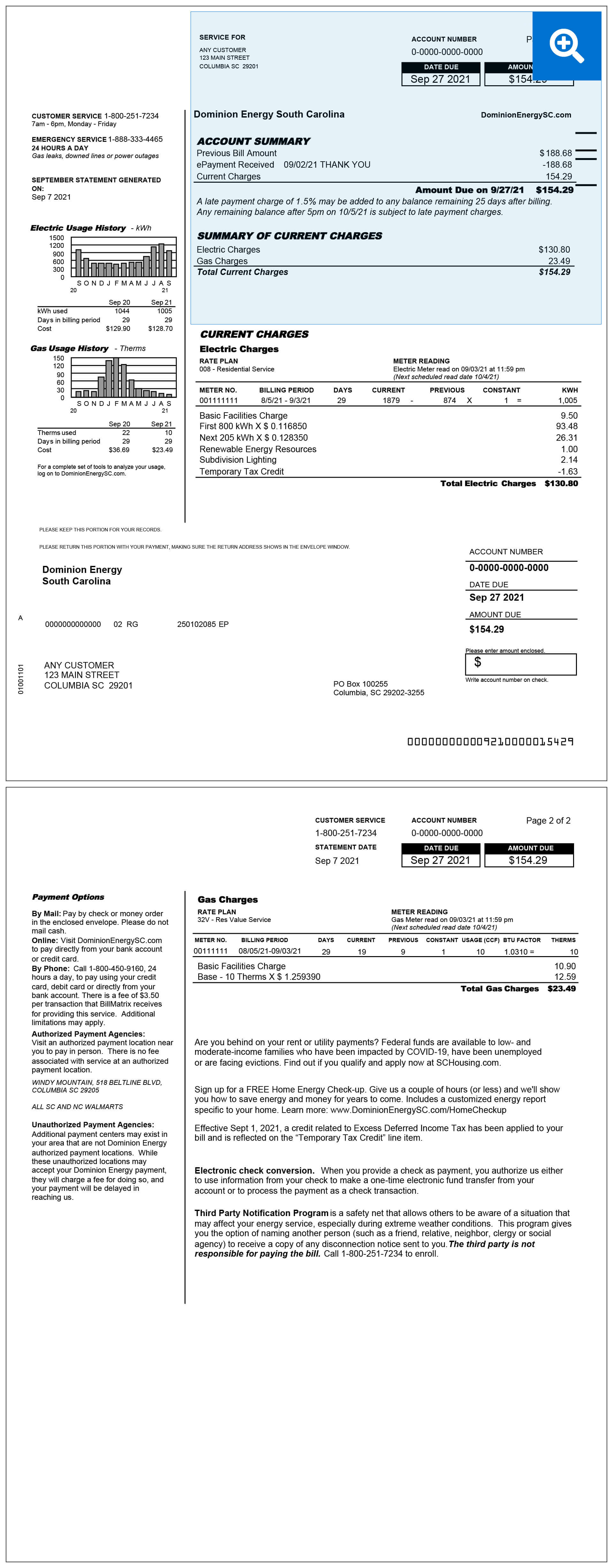 South Carolina Electric & Gas Bill Sample Items 1-3 Location