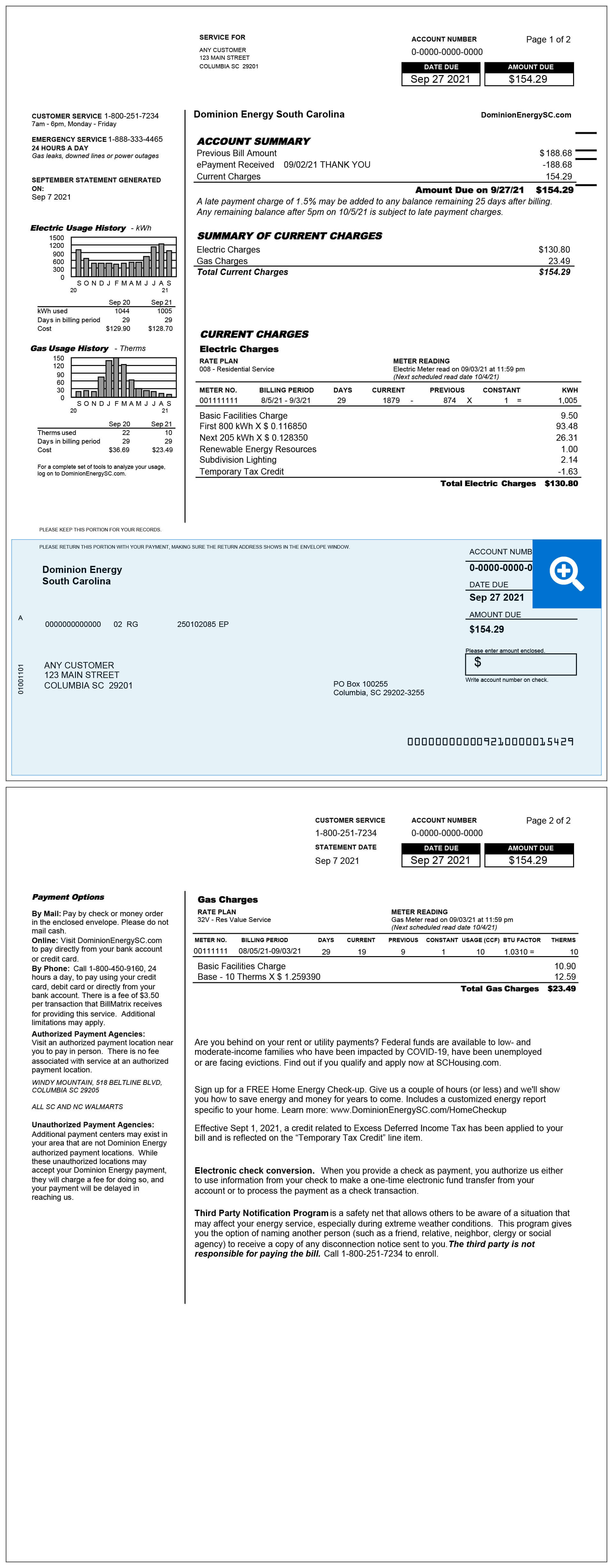 South Carolina Electric & Gas Bill Sample Items 6-7 Location