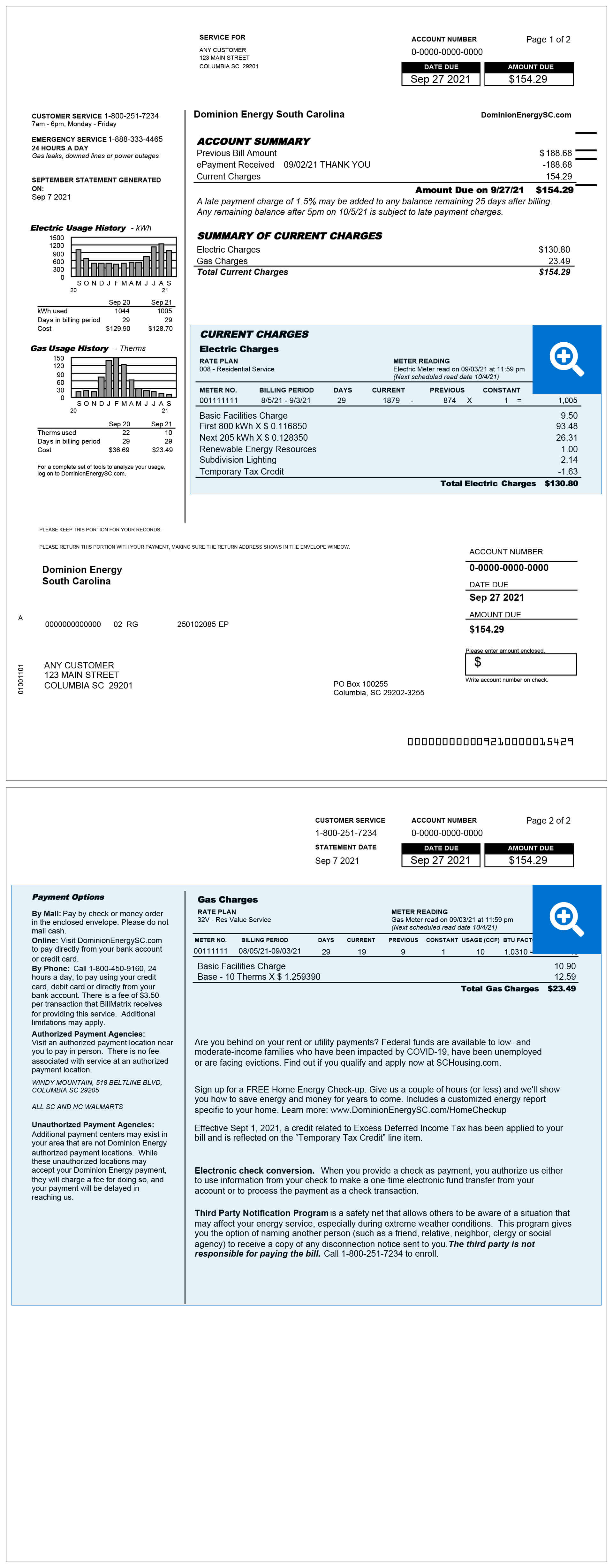 South Carolina Electric & Gas Bill Sample Items 8-13 Location