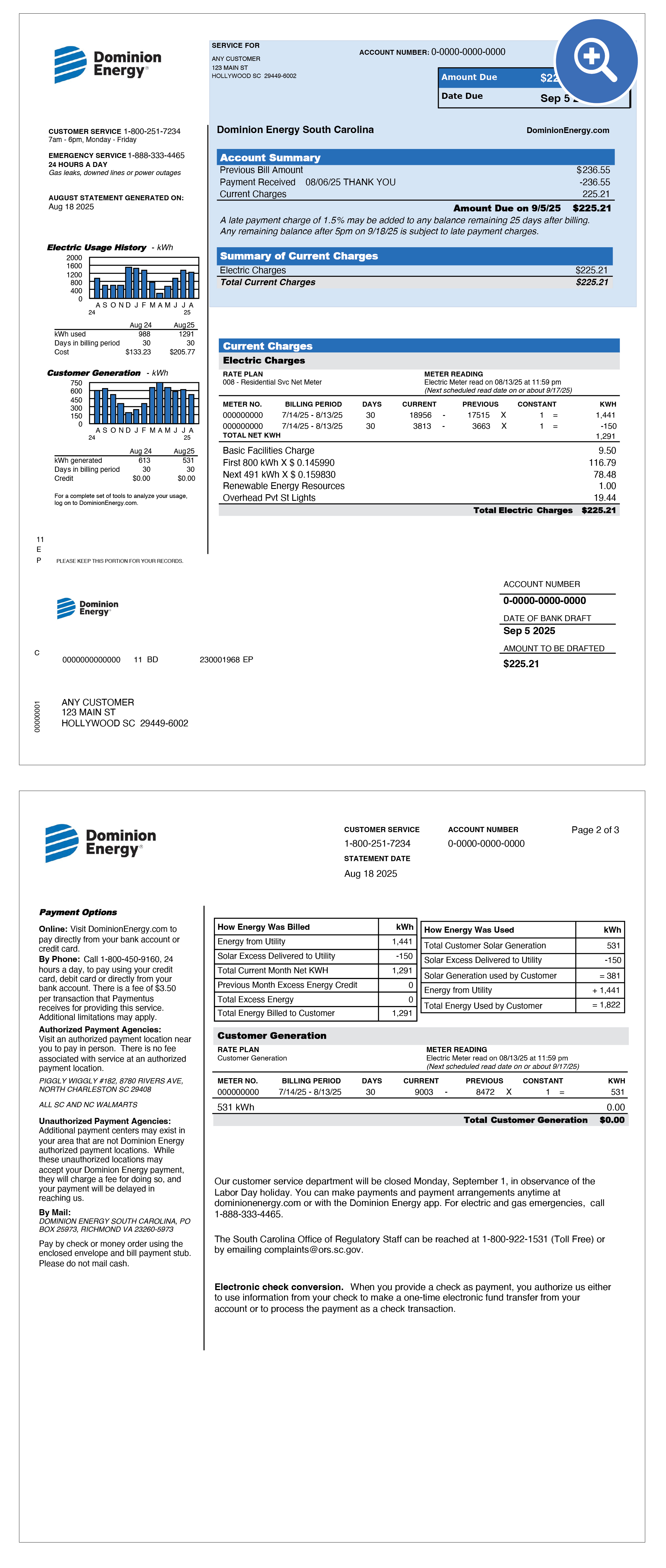 South Carolina Solar Bill Sample Items 1-3 Location