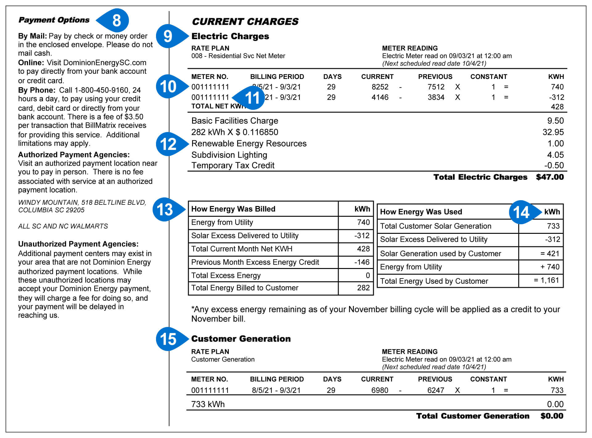 South Carolina Solar Bill Sample Items 8-15