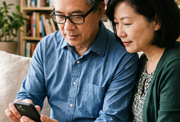 A senior couple reading from a phone.
