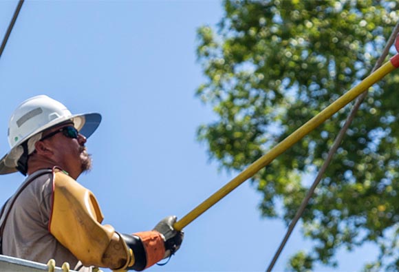 Lineman trimming trees