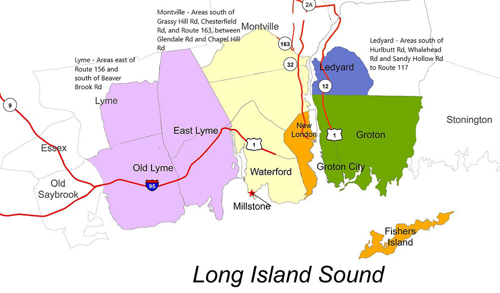Map of the 10-mile Emergency Planning Zone (EPZ) around Millstone Power Station. Includes Lyme, Old Lyme, East Lyme, Waterford, Montville, New London, Ledyard, Groton, Groton City, and Fisher's Island.
