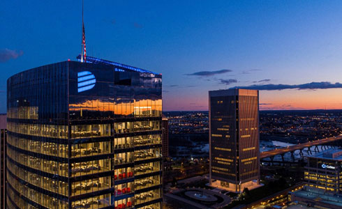 View of the Dominion Energy building at sunset